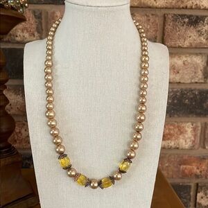Vintage Champagne Graduated Faux Pearl Necklace  with Yellow Accent Beads